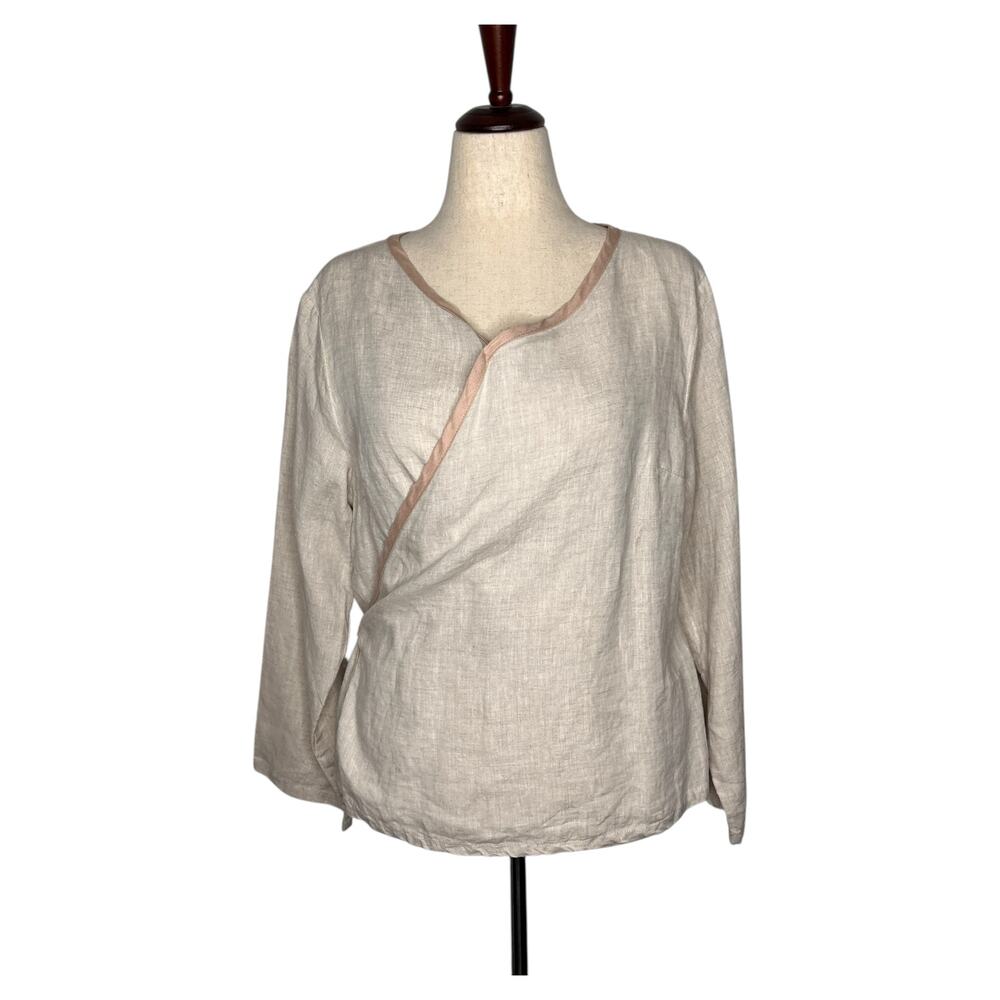 Buykud Women's True Wrap Top L Linen-Like Cotton Oatmeal Lightweight Long Sleeve